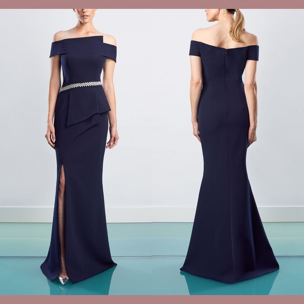 NWT $920 Alexander by Daymor [ 4 ] Off‎ Shoulder Embellish Slit Gown Navy G1954
